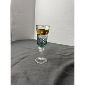 Vintage Cut And Etched Crystal Shot Liquor Cordials Gold Rim Blue Green Glass